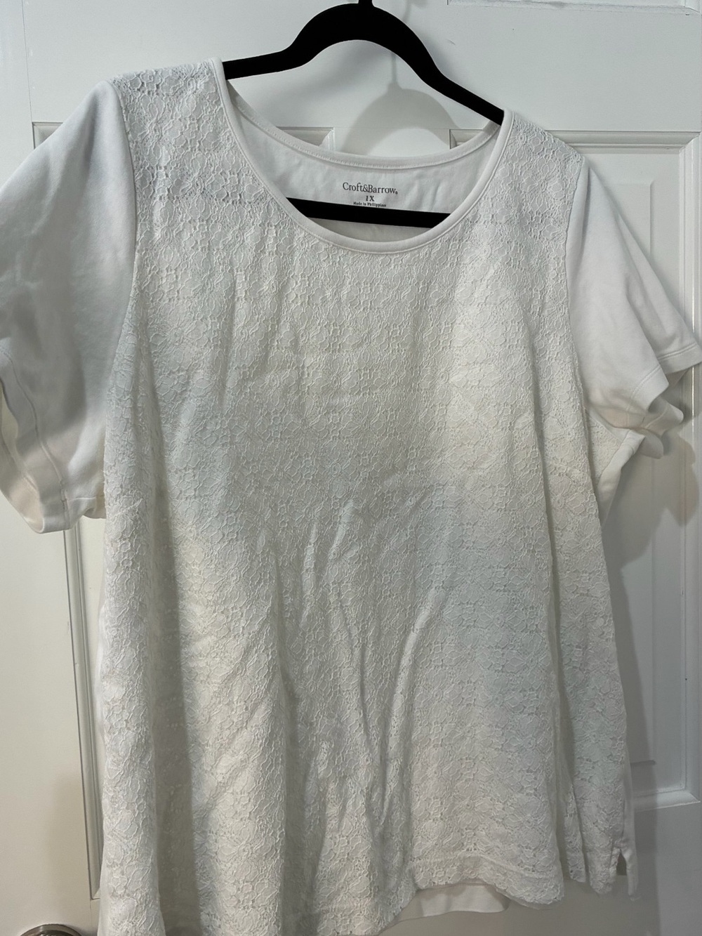 croft & barrow White Short Sleeve Lace Front Tee